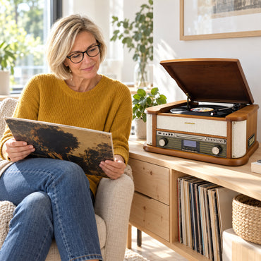 Soundmaster NR566BE Nostalgie-Stereoanlage Braun mit Plattenspieler, Audio-Technica-Tonabnehmer, DAB+, CD, Kassette, Bluetooth und USB-Digitalisierung