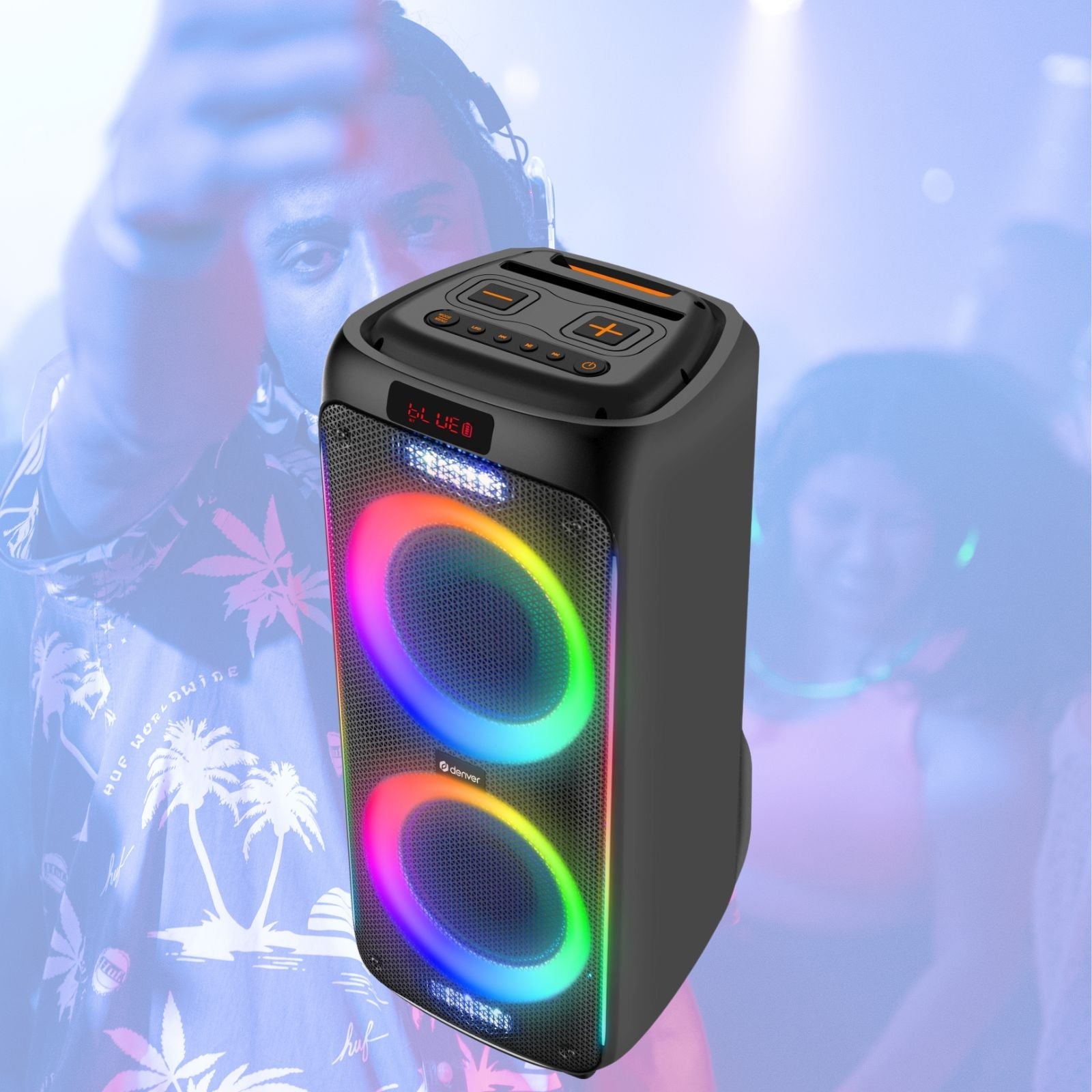DENVER BPS-458 – Karaoke Bluetooth-Partylautsprecher Akku mit LED-Lichteffekten und Funk Mikrofon, 1000W (100W RMS) – Frontansicht – Produktbild von Soundmaxx Online
