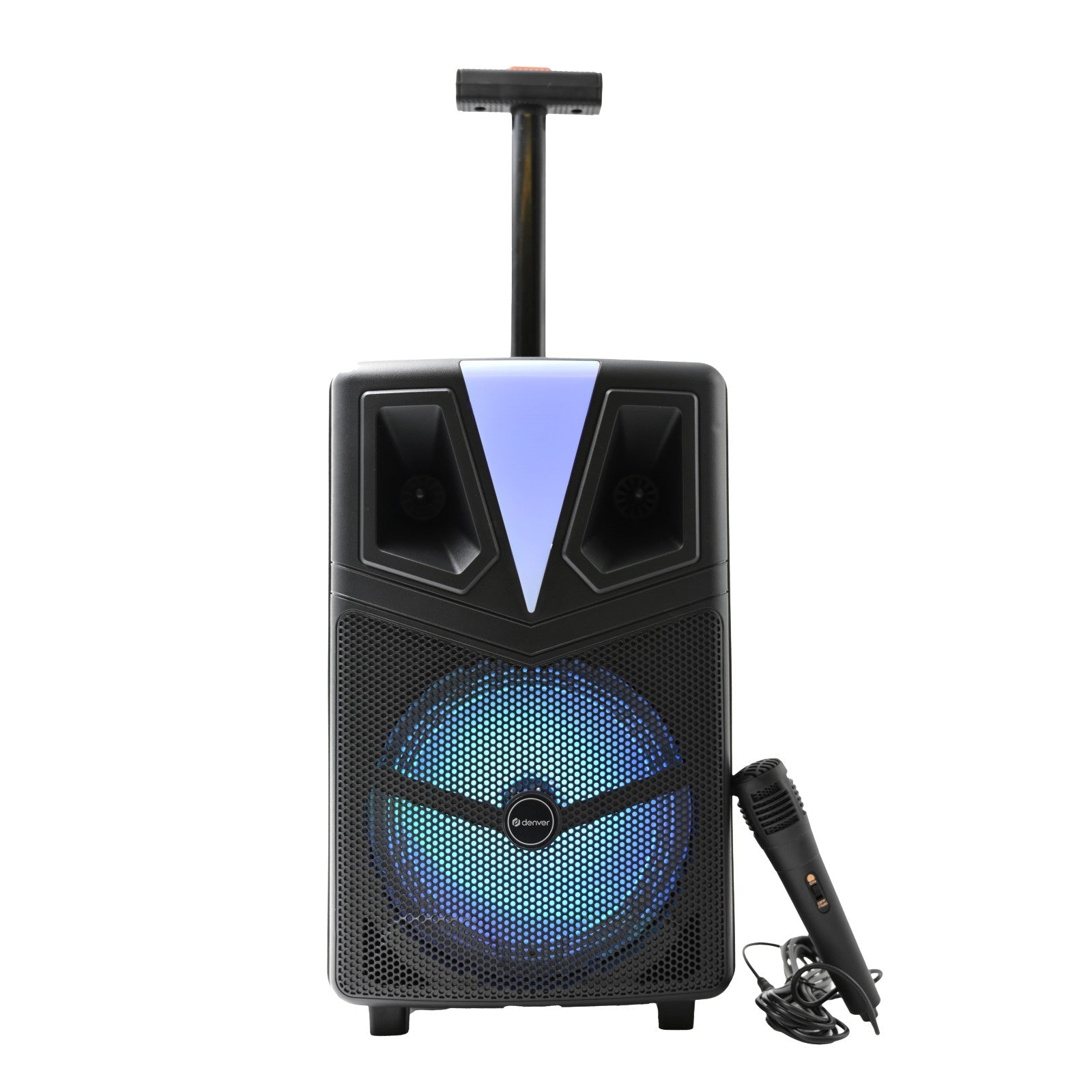 DENVER TSP-307 Bluetooth Trolley Lautsprecher 120W mit LED Disco Light, Akku, Mikrofon & USB/MicroSD für MP3 Playback – Frontansicht – Produktbild von Soundmaxx Online