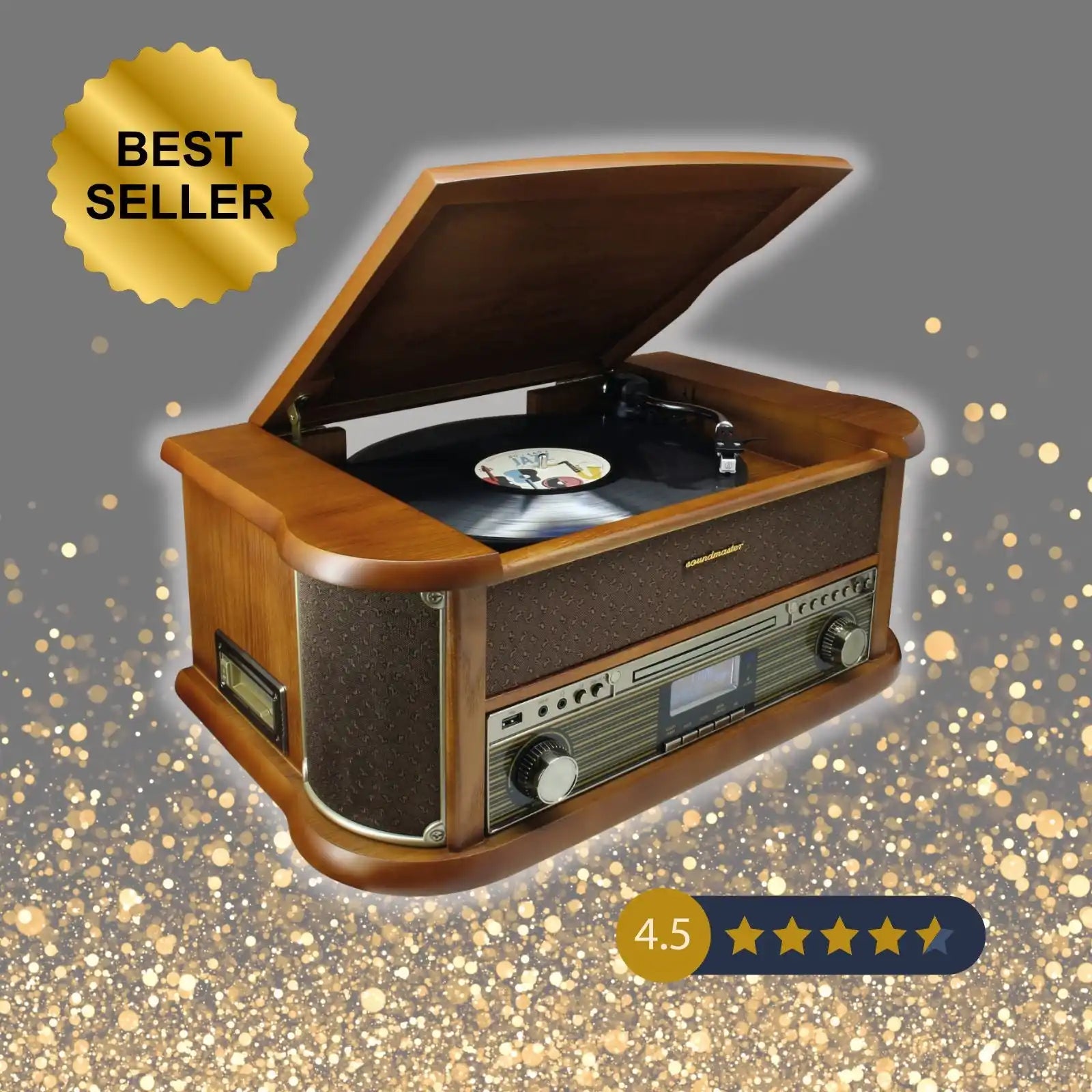 Ein Holz-Retro-Schallplattenspieler mit offenem Deckel, integrierten Lautsprechern und einem Multifunktionsbedienfeld.