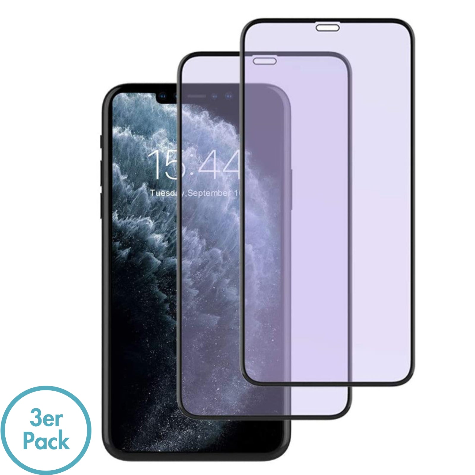 MonkeyTEC 3er-Set Displayschutzfolie 9H Augenschutz Anti-Blaulicht für empfindliche beanspruchte Augen Apple iPhone – Frontansicht – Produktbild von Soundmaxx Online