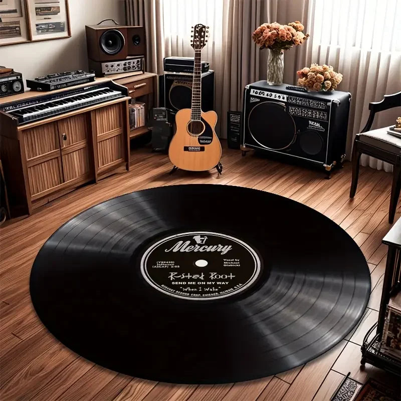Retro Vinyl Teppich rund – Schallplatten Design aus weichem Flanell - 40 bis 120 cm – Frontansicht – Produktbild von Soundmaxx Online