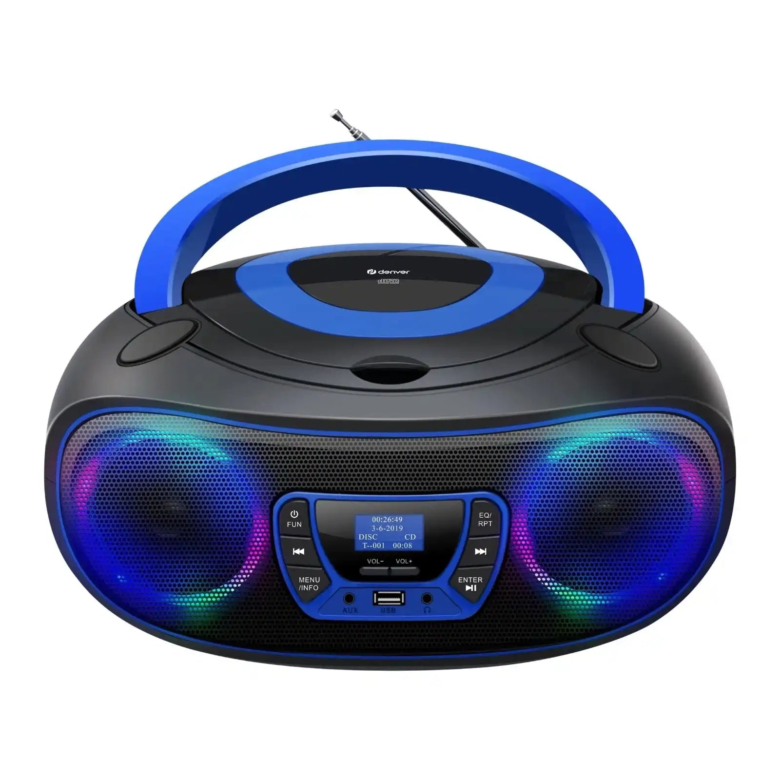 Schwarzes und blaues tragbares Boombox mit bunten LED-Lautsprecherlichtern.