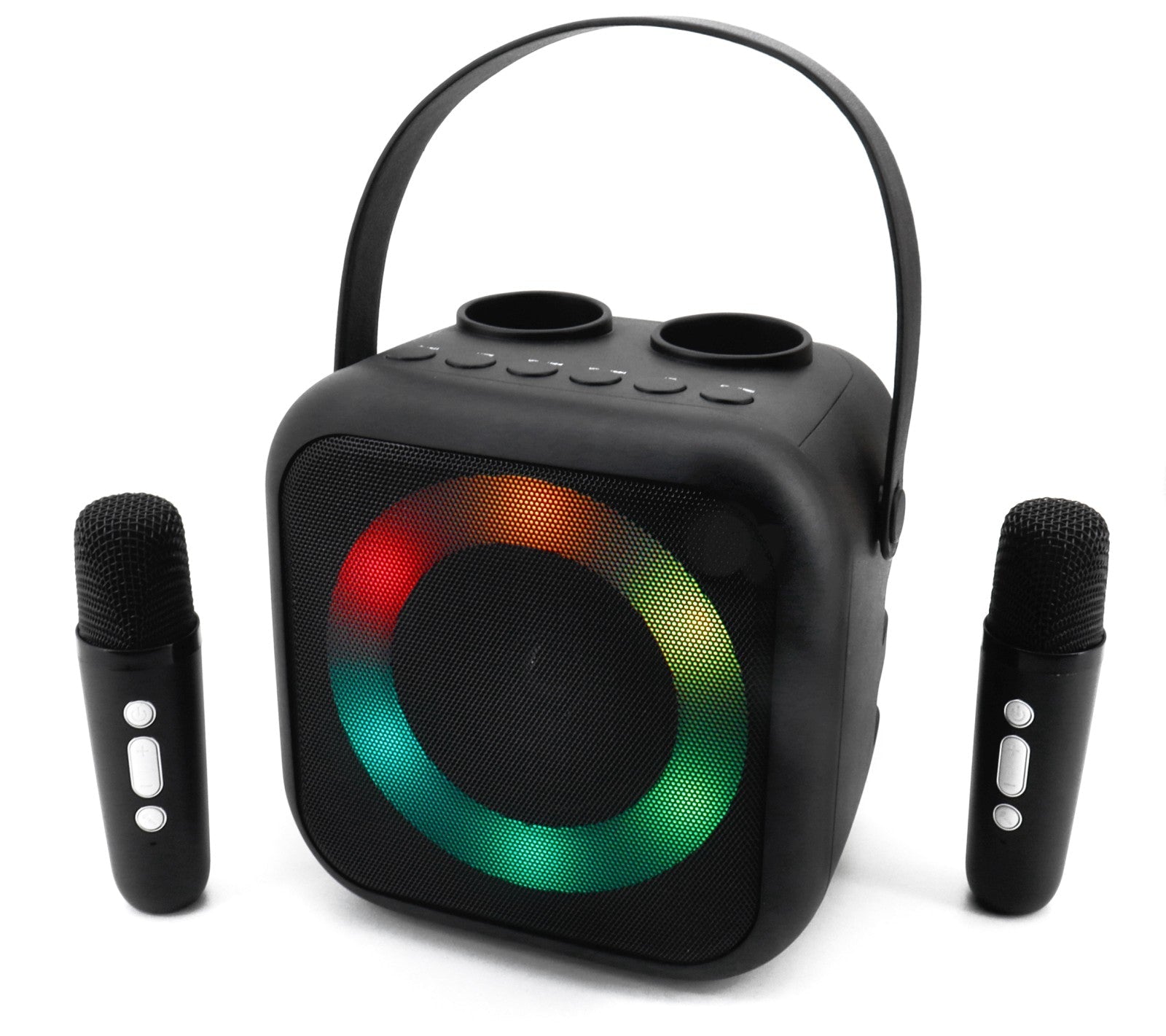 Soundmaster BT2024SW Karaoke System Tragbarer Bluetooth-Lautsprecher mit 2 Mikrofonen, Stimmenwandler, LED-Lichteffekten, USB und AUX-IN. – Frontansicht – Produktbild von Soundmaxx Online