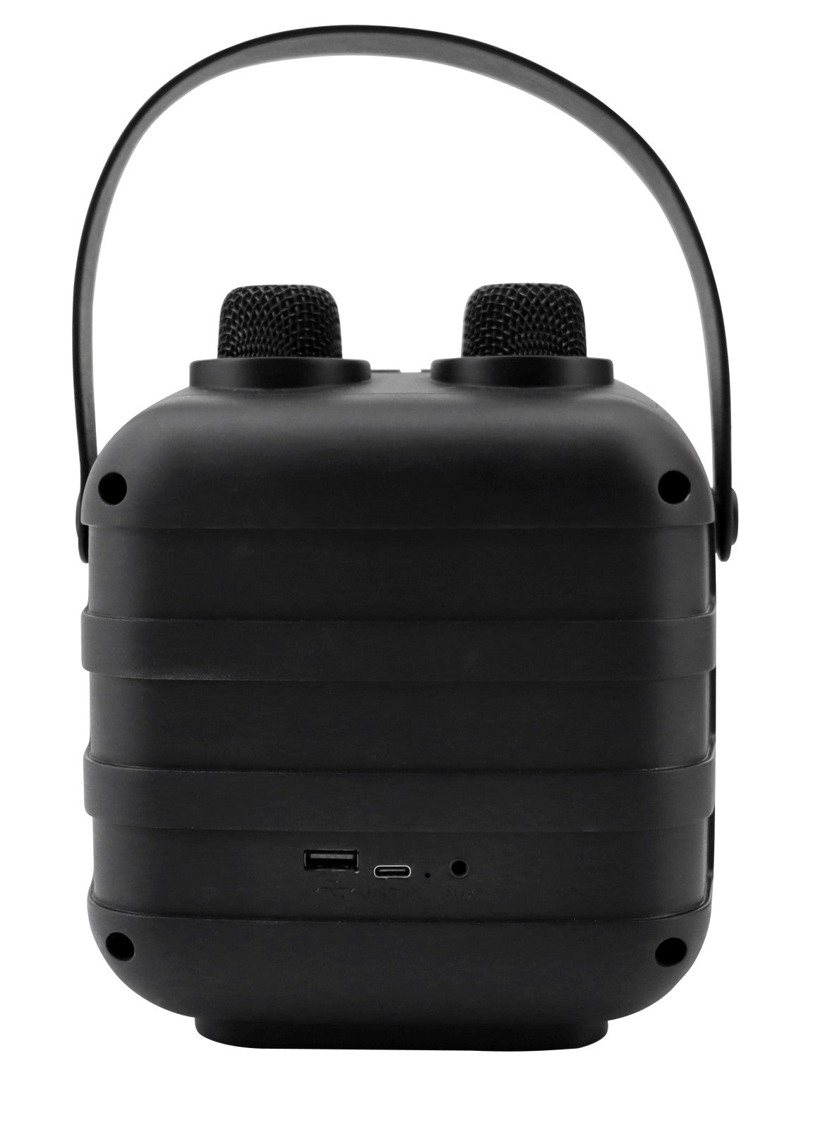 soundmaster bt2024 karaoke system tragbarer bluetooth lautsprecher mit 2 mikrofonen stimmenwandler led lichteffekten usb und aux in – Rückansicht – Produktbild von Soundmaxx Online