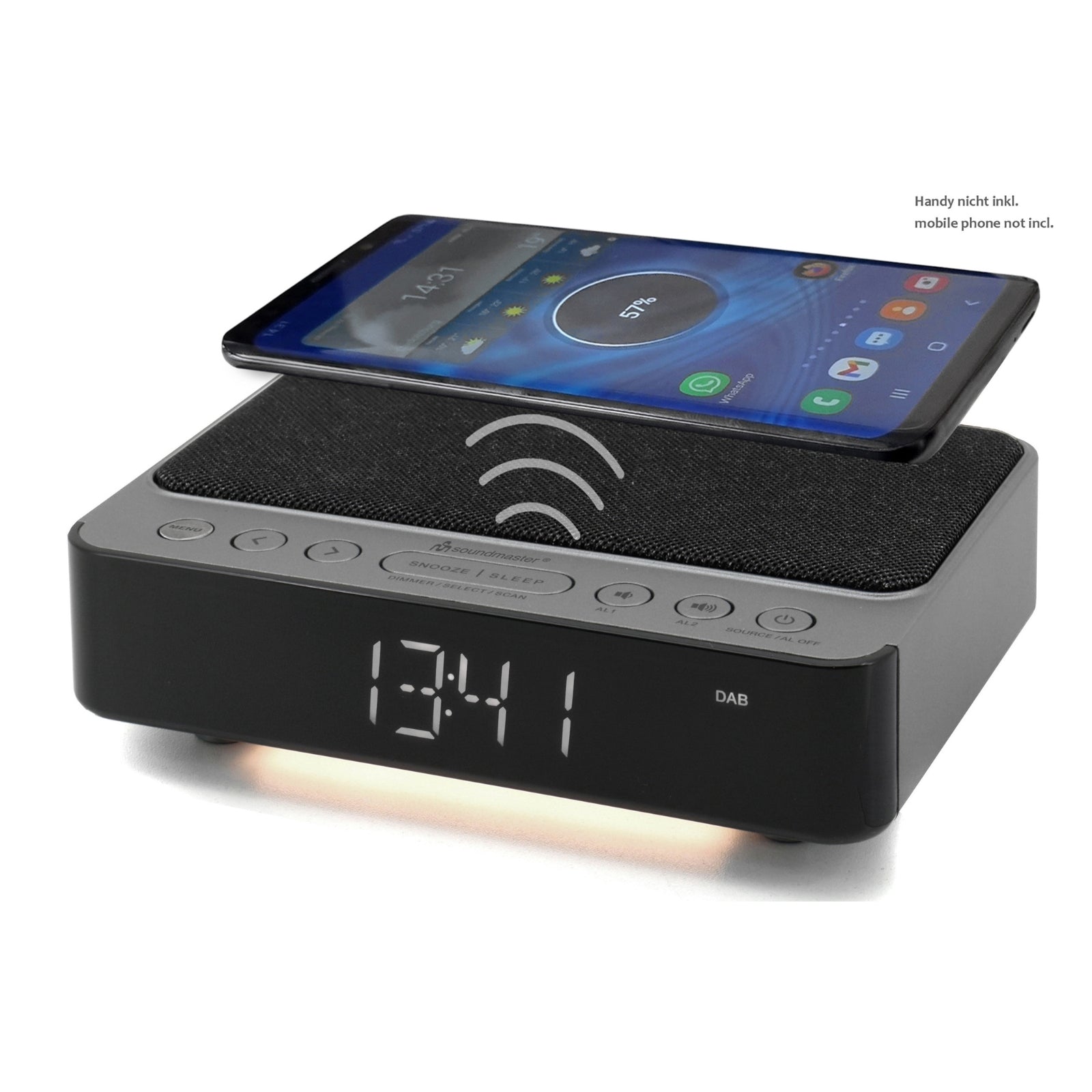 Soundmaster UR250AN Radiowecker mit Wireless Charging für Smartphone und Kopfhörer, 3-stufiges Nachtlicht, Schlummermodus.