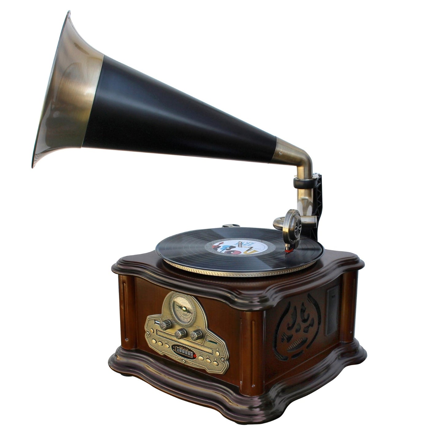 Soundmaster NR917 Retro Grammophon mit Plattenspieler (33/45/78 UpM), CD, Kassette, USB, Bluetooth, SD, Encoding – Digitalisieren von Schallplatten & Kassetten – Naturholzgehäuse – Frontansicht – Produktbild von Soundmaxx Online