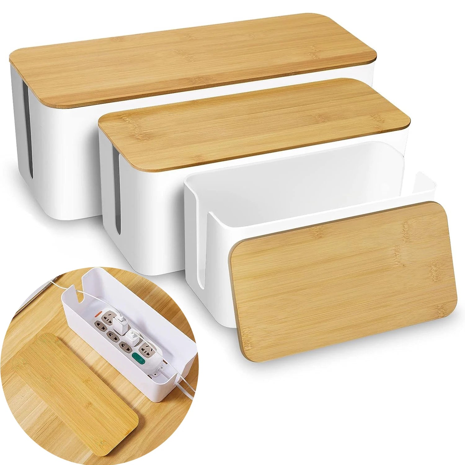 TidyBox™ Kabel-Organizer Box mit Holzdeckel – Sicherheit und Stil für Ihr Zuhause – Frontansicht – Produktbild von Soundmaxx Online