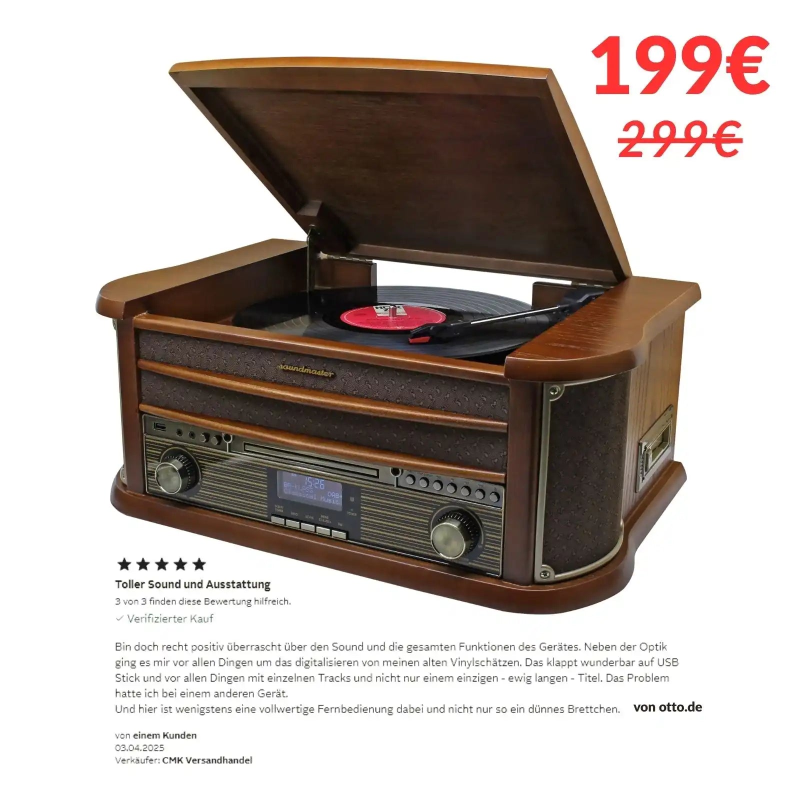 Ein Vintage-Style-Holz-Schallplattenspieler mit integriertem Radio, CD-Player und USB-Anschluss.