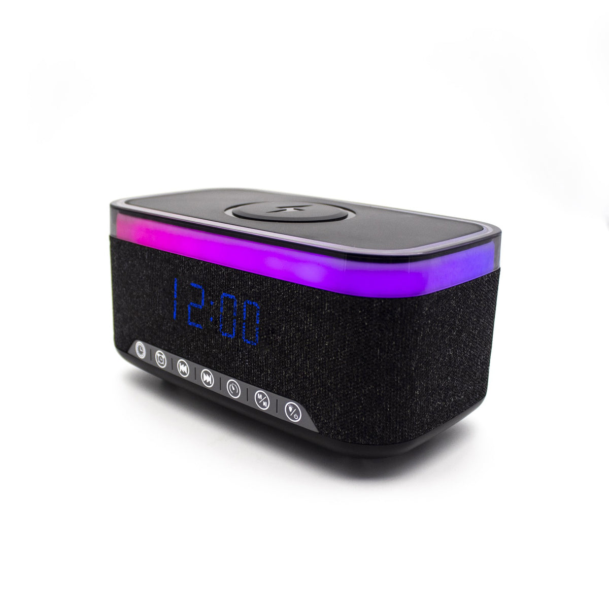 Denver ECQ-112B Digitalwecker mit Akku 1.200 mAh, Bluetooth 5.0, Qi-Laden 15 W, 7 Wecktönen, Weißrauschen, USB/SD/AUX, RGB, Schwarz