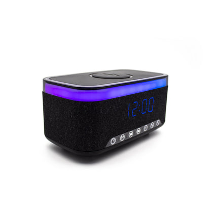 Denver ECQ-112B Digitalwecker mit Akku 1.200 mAh, Bluetooth 5.0, Qi-Laden 15 W, 7 Wecktönen, Weißrauschen, USB/SD/AUX, RGB, Schwarz
