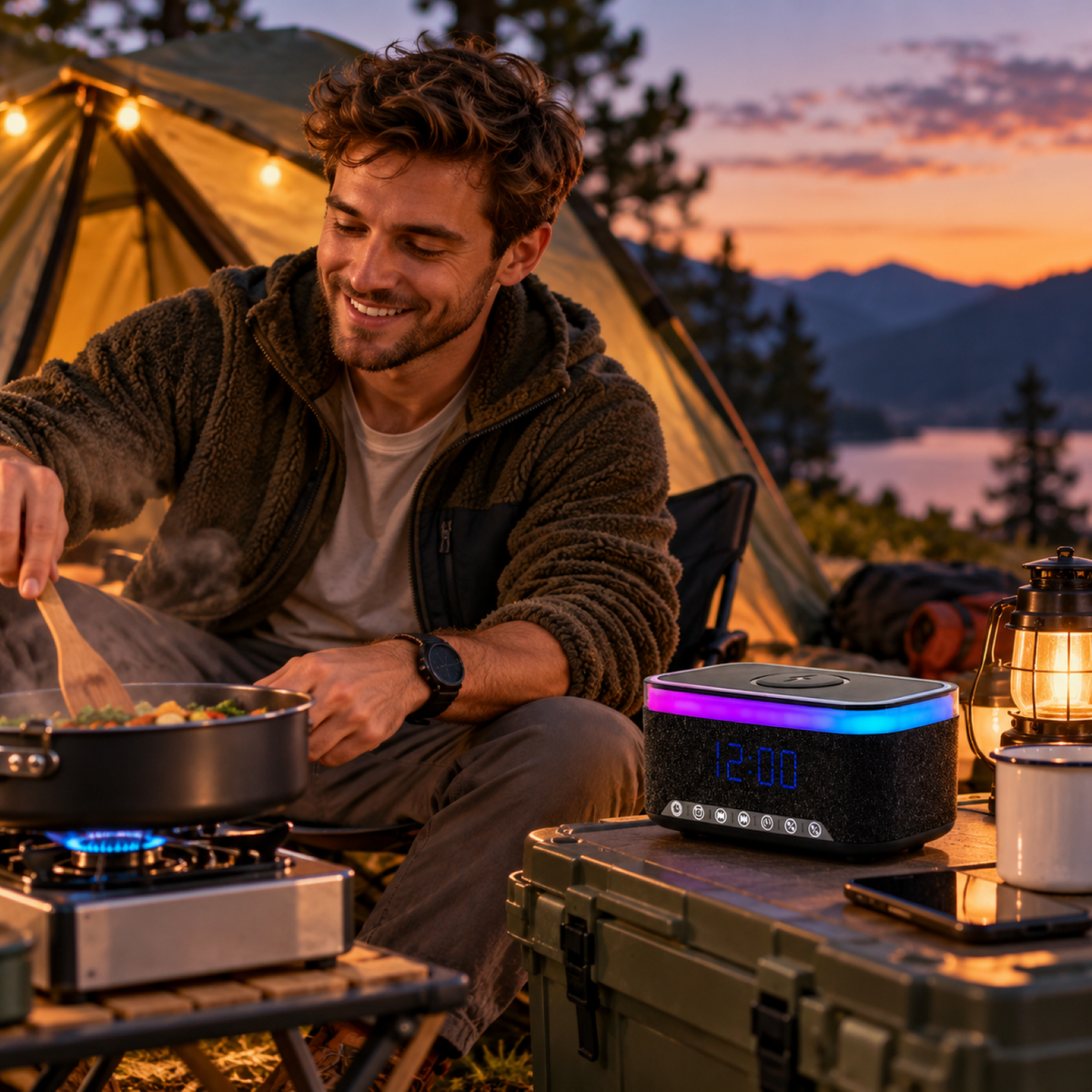 Denver ECQ-112B Digitalwecker mit Akku 1.200 mAh, Bluetooth 5.0, Qi-Laden 15 W, 7 Wecktönen, Weißrauschen, USB/SD/AUX, RGB, Schwarz