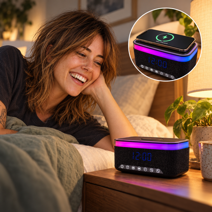 Denver ECQ-112B Digitalwecker mit Akku 1.200 mAh, Bluetooth 5.0, Qi-Laden 15 W, 7 Wecktönen, Weißrauschen, USB/SD/AUX, RGB, Schwarz