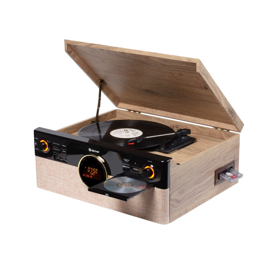 Denver MRD-180 Retro-Musikcenter mit Plattenspieler, DAB+/UKW, CD/MP3, Kassette, Bluetooth, USB-Aufnahme, AUX und Fernbedienung