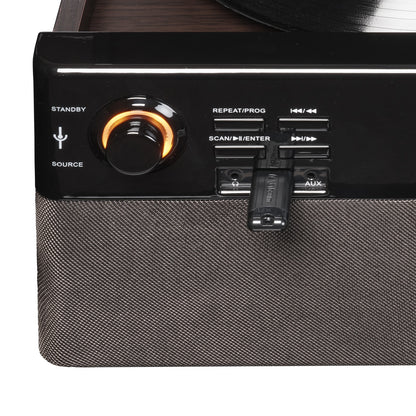 Centre musical rétro Denver MRD-180 avec platine vinyle, DAB+/FM, CD/MP3, cassette, Bluetooth, enregistrement USB, AUX et télécommande