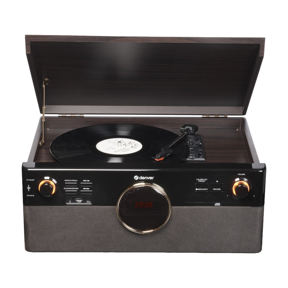 Centre musical rétro Denver MRD-180 avec platine vinyle, DAB+/FM, CD/MP3, cassette, Bluetooth, enregistrement USB, AUX et télécommande