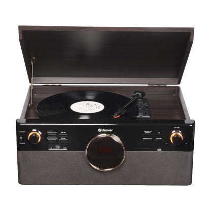 Centre musical rétro Denver MRD-180 avec platine vinyle, DAB+/FM, CD/MP3, cassette, Bluetooth, enregistrement USB, AUX et télécommande