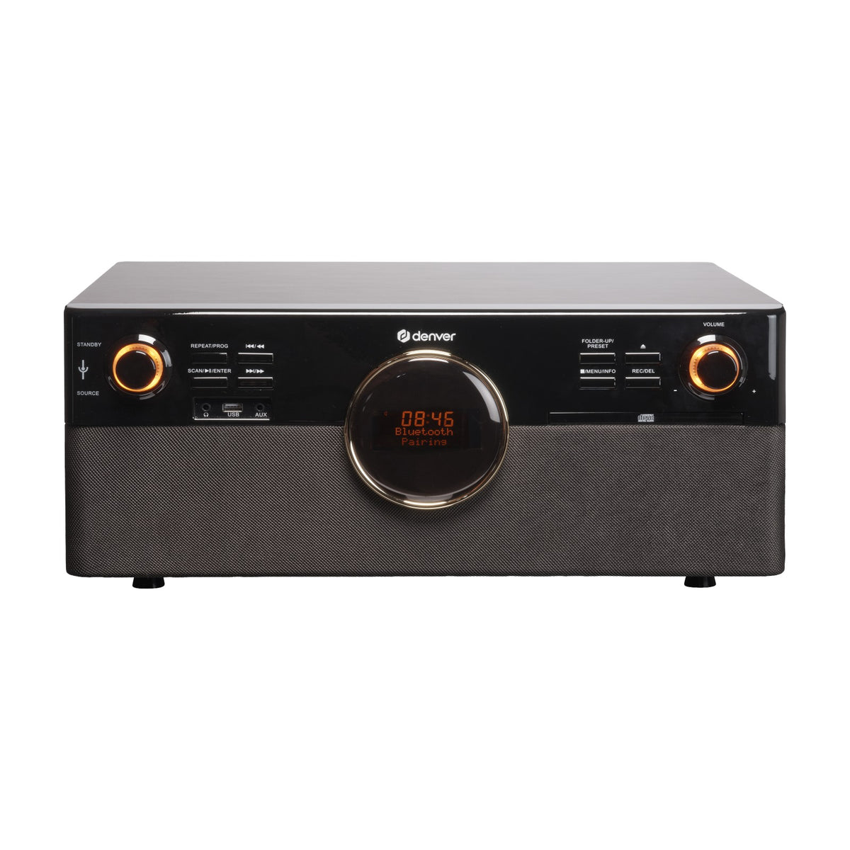 Centre musical rétro Denver MRD-180 avec platine vinyle, DAB+/FM, CD/MP3, cassette, Bluetooth, enregistrement USB, AUX et télécommande