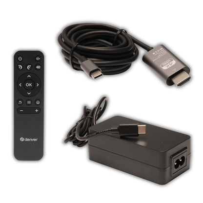 Denver PR-4700 mobiler 4K Projektor mit Akku, bis 180 Zoll, HDMI, USB-A, Bluetooth-Audio, Fernbedienung