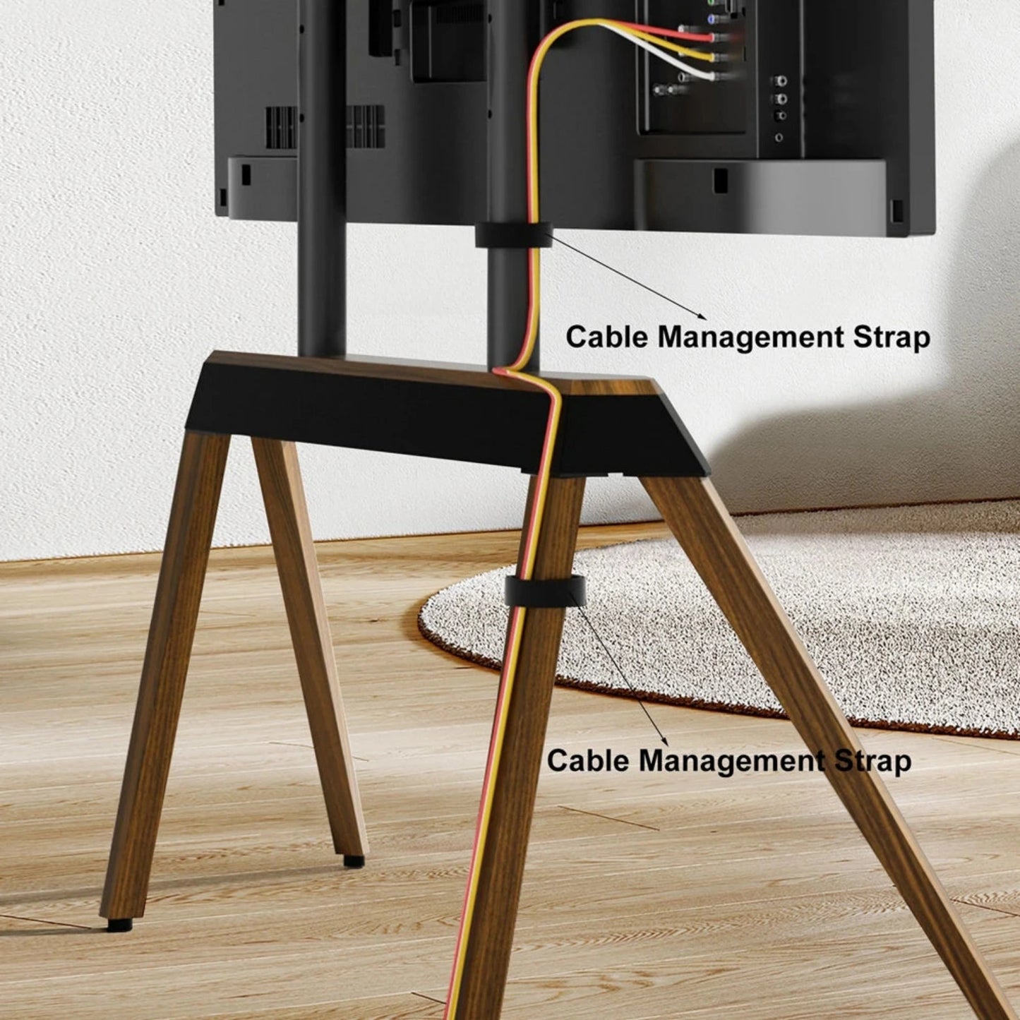 Design trifft Flexibilität: TV-Bodenständer mit Holzfüßen in Walnussoptik für 40–85 Zoll Fernseher