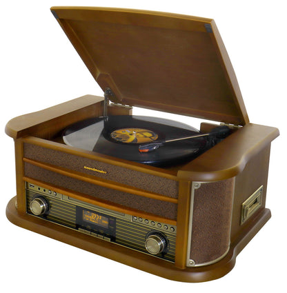 Soundmaster NR565DAB Equipo estéreo nostálgico 7 en 1 Tocadiscos DAB+ CD-MP3 USB Casete Digitalización BT Ecualizador