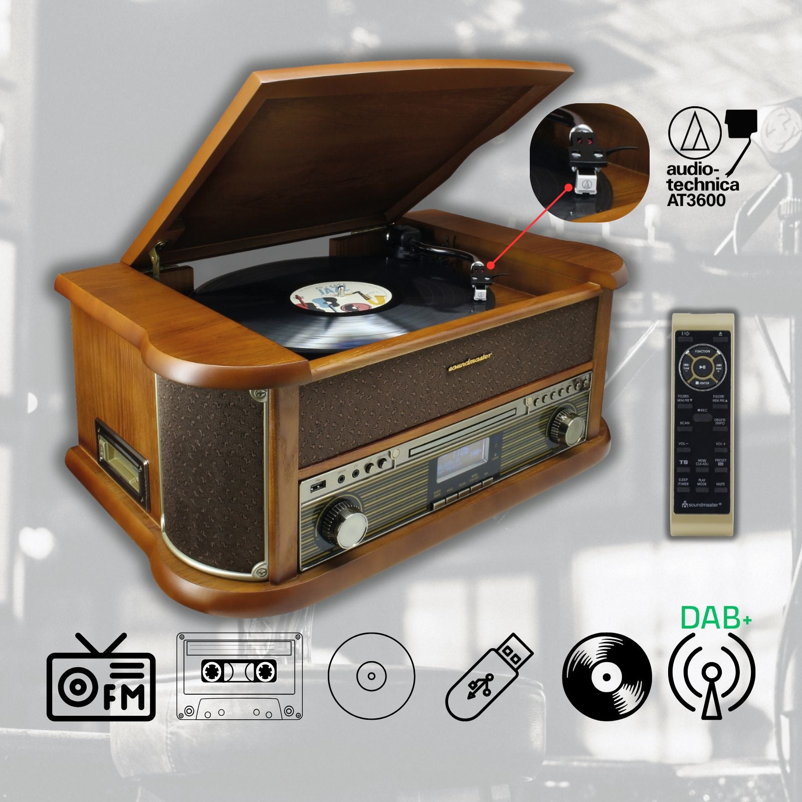 Soundmaster NR566BE 7-in-1 nostalgic stereo system with record player Audio Technica magnetic pickup | Digital radio DAB+ | CD-MP3 | USB | Cassette | Bluetooth | Digitization function | Equalizer