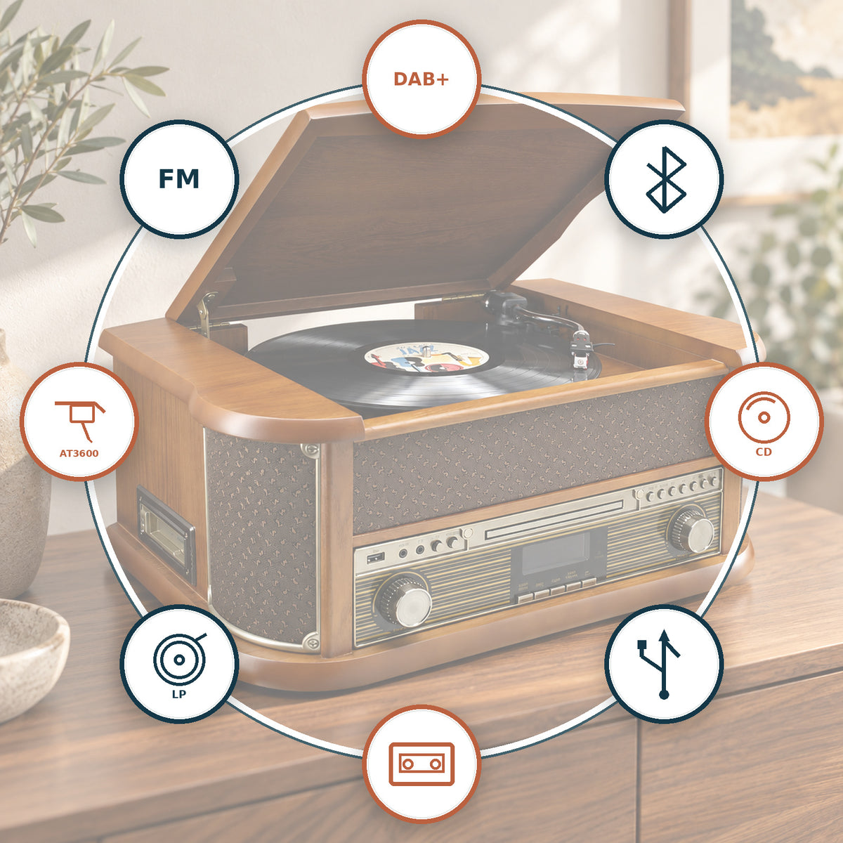 Soundmaster NR566BR 7-in-1 nostalgia stereo system record player Audio Technica pickup DAB+ CD-MP3 USB cassette BT digitization equalizer