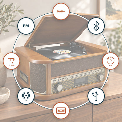 Soundmaster NR566BR 7-in-1 nostalgia stereo system record player Audio Technica pickup DAB+ CD-MP3 USB cassette BT digitization equalizer