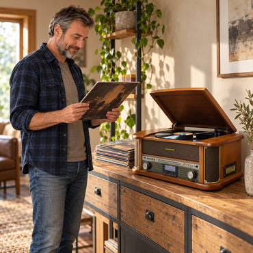 Soundmaster NR566BR Nostalgie-Stereoanlage Braun mit Plattenspieler, Audio-Technica-Tonabnehmer, DAB+, CD, Kassette, Bluetooth und USB-Digitalisierung