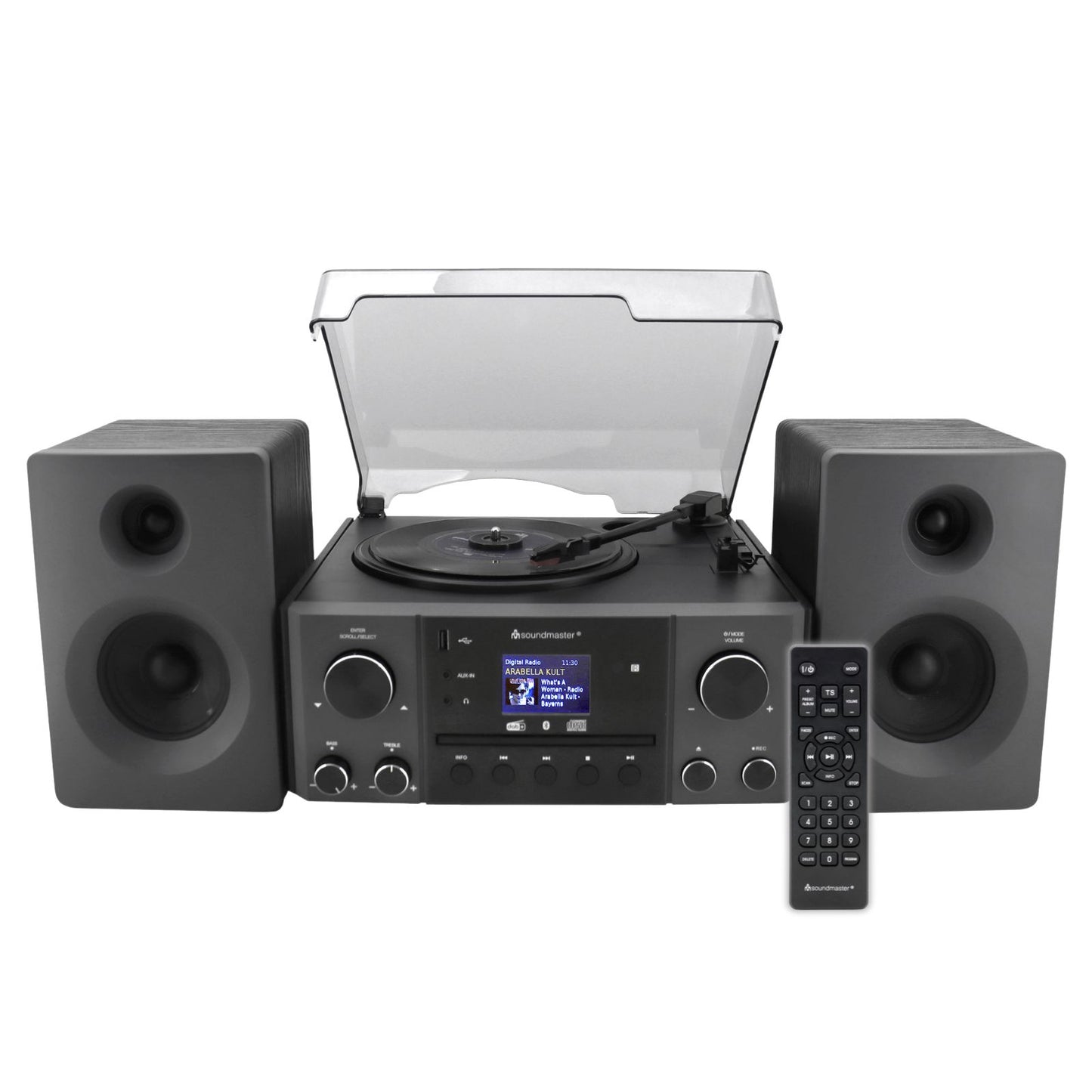 Soundmaster MCD1950SW Stereoanlage mit Plattenspieler DAB+ CD-Player USB MP3 Bluetooth Encoding Digitalisierung 75 Ohm Antennenanschluss