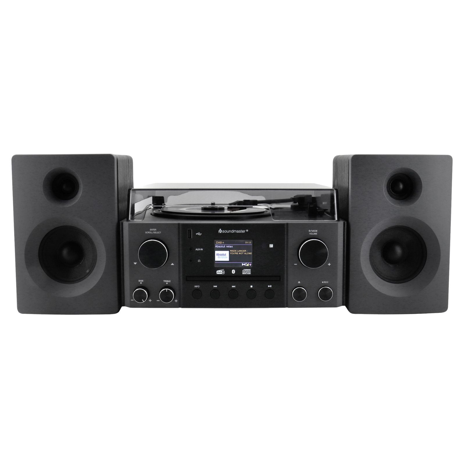 Soundmaster MCD1950SW Stereoanlage mit Plattenspieler DAB+ CD-Player USB MP3 Bluetooth Encoding Digitalisierung 75 Ohm Antennenanschluss