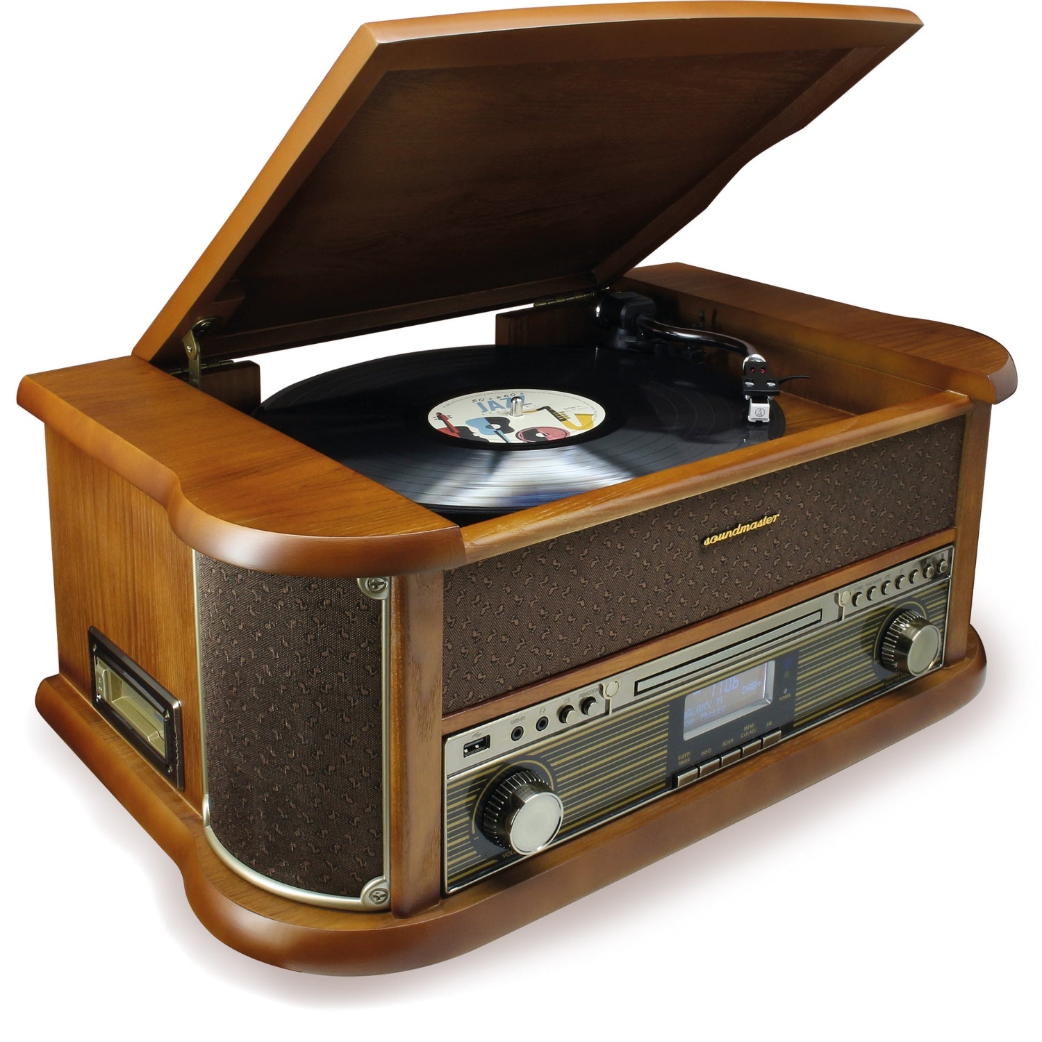 Soundmaster NR566BR 7-in-1 nostalgia stereo system with turntable, Audio Technica cartridge, DAB+ digital radio, CD-MP3, USB, cassette, Bluetooth, digitization function, equalizer