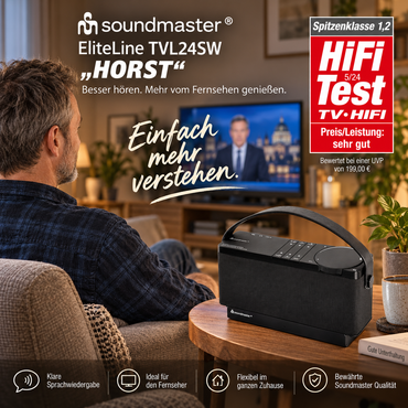 Soundmaster EliteLine Enceinte TV HORST TVL24SW avec amplificateur de dialogue, transmission sans fil, streaming Bluetooth et réglage indépendant du volume