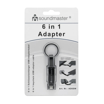 ad6sw 6-in-1 sleutelhanger datakabel oplaadkabel ios usb c kabel universele smartphone kabel – close-up – productfoto van Soundmaxx Online
