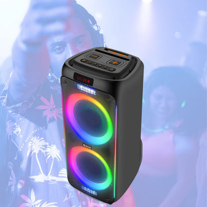 DENVER BPS-458 – Karaoke Bluetooth-Partylautsprecher Akku mit LED-Lichteffekten und Funk Mikrofon, 1000W (100W RMS) – Frontansicht – Produktbild von Soundmaxx Online