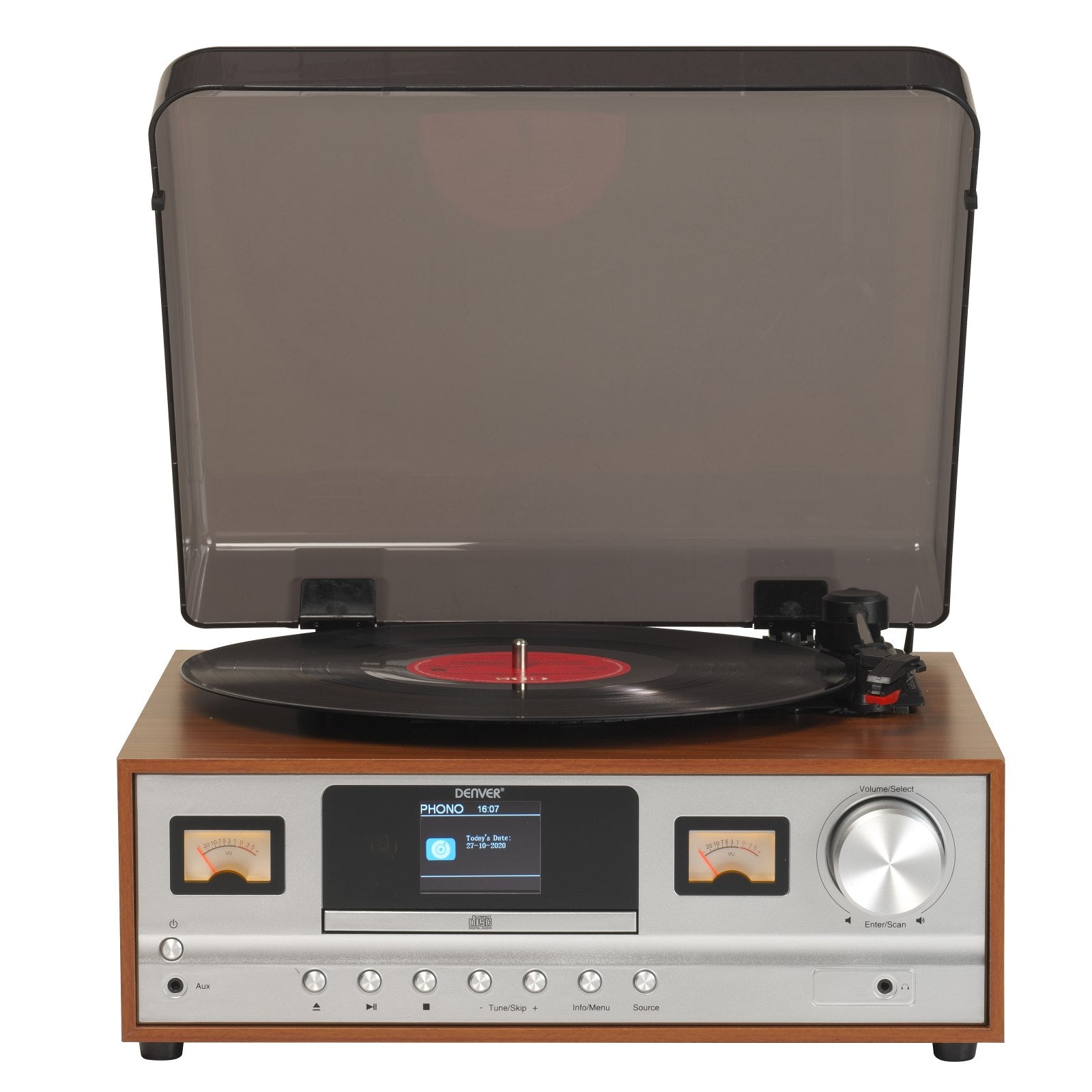 Denver MRD-52LW Light Wood – Retro Musikcenter mit DAB+, Bluetooth, VU-Metern & Plattenspieler – Frontansicht – Produktbild von Soundmaxx Online