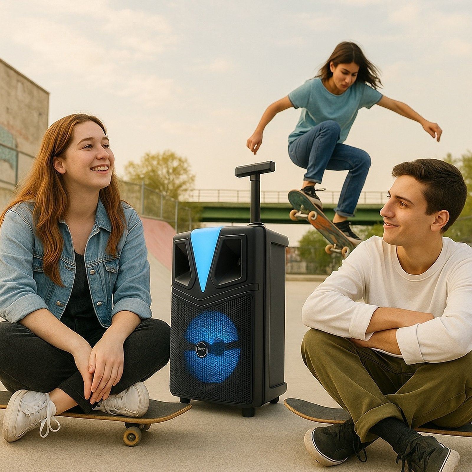 denver tsp 307 bluetooth trolley lautsprecher 120w mit led disco light akku mikrofon usb microsd fur mp3 playback – Seitenansicht – Produktbild von Soundmaxx Online