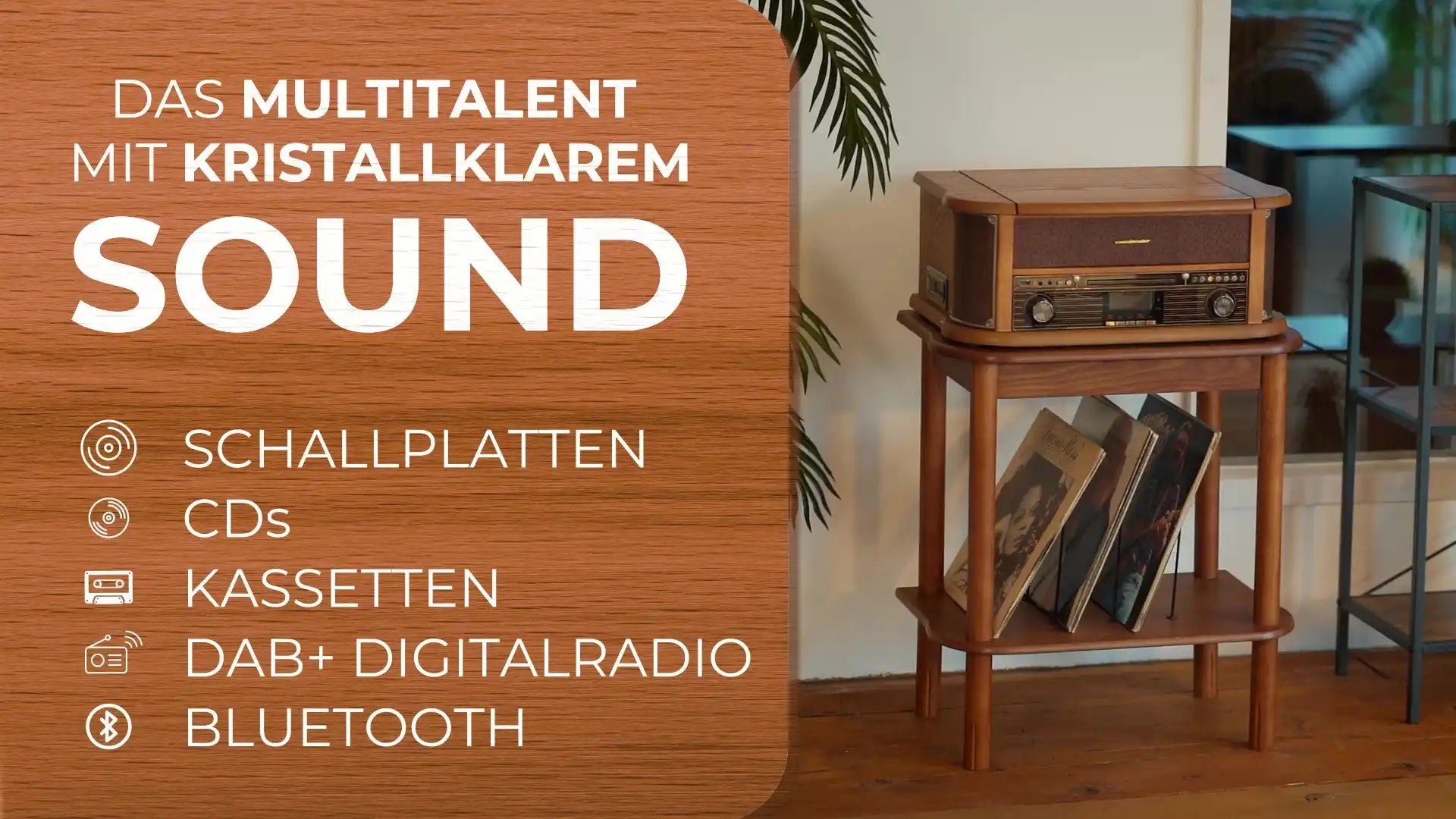 Holz-Stereoanlage mit mehreren Wiedergabemöglichkeiten, darunter Vinyl-Schallplatten, CDs, Kassetten, digitales Radio und Bluetooth-Konnektivität.