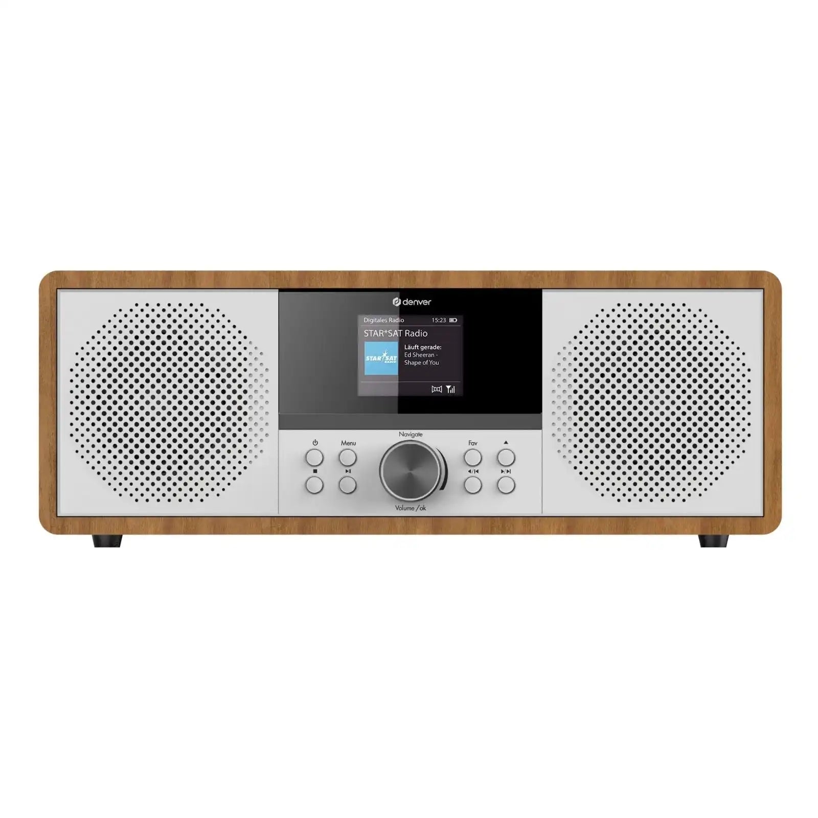 Ein retro-inspirierter Internetradio mit einem Holzrahmen, weißen Lautsprechergittern und einem zentralen Farbdisplay mit Bedienelementen.