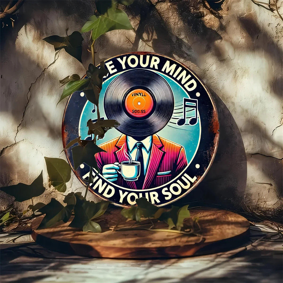 vintage vinyl record coffee music aluminum sign lose your mind find your soul art ideal for home cafe bar decor – Rückansicht – Produktbild von Soundmaxx Online
