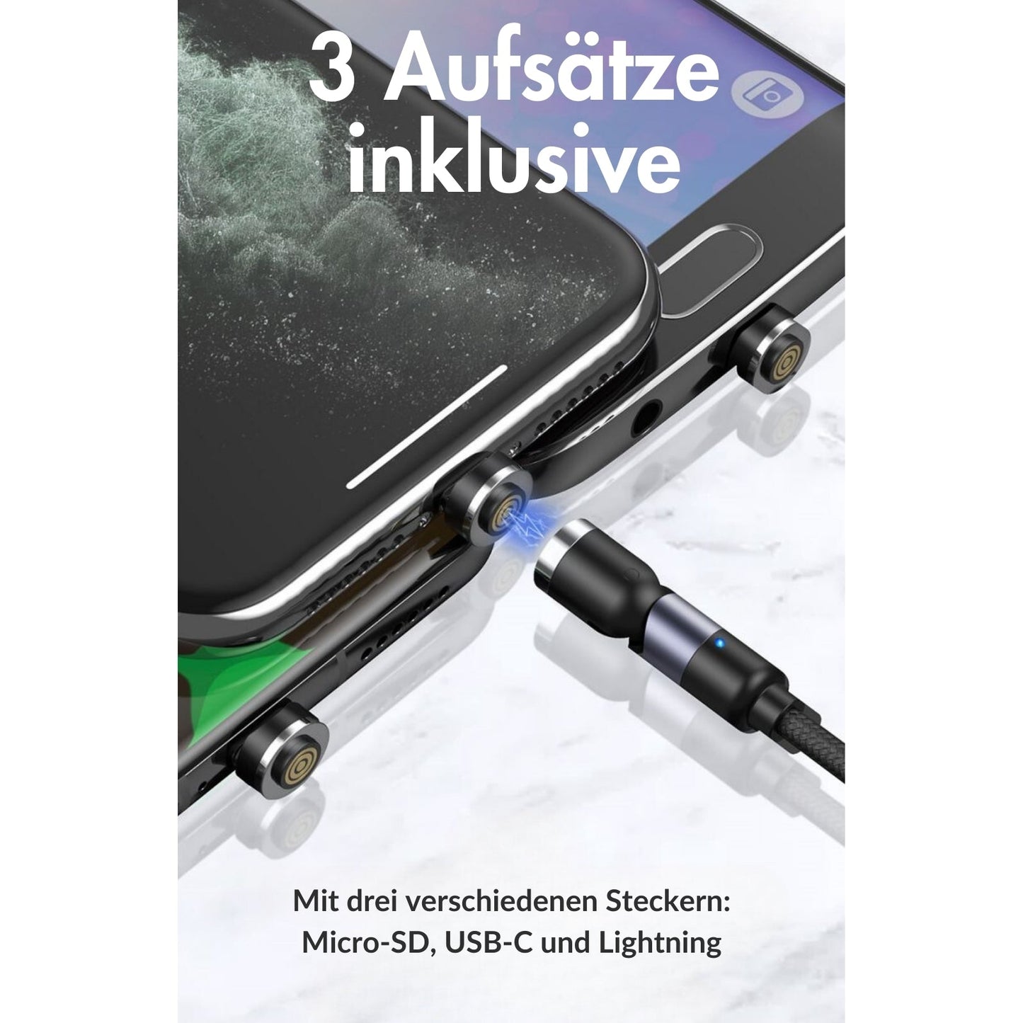 monkeytec 3 in 1 magnetisches ladekabel mit datenubertragung 540 drehbar fur iphone micro usb usb c – Ansicht 10 – Produktbild von Soundmaxx Online