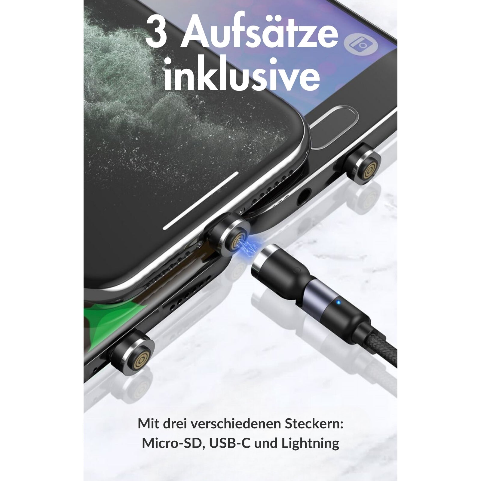 monkeytec 3 in 1 magnetisches ladekabel mit datenubertragung 540 drehbar fur iphone micro usb usb c – Ansicht 10 – Produktbild von Soundmaxx Online