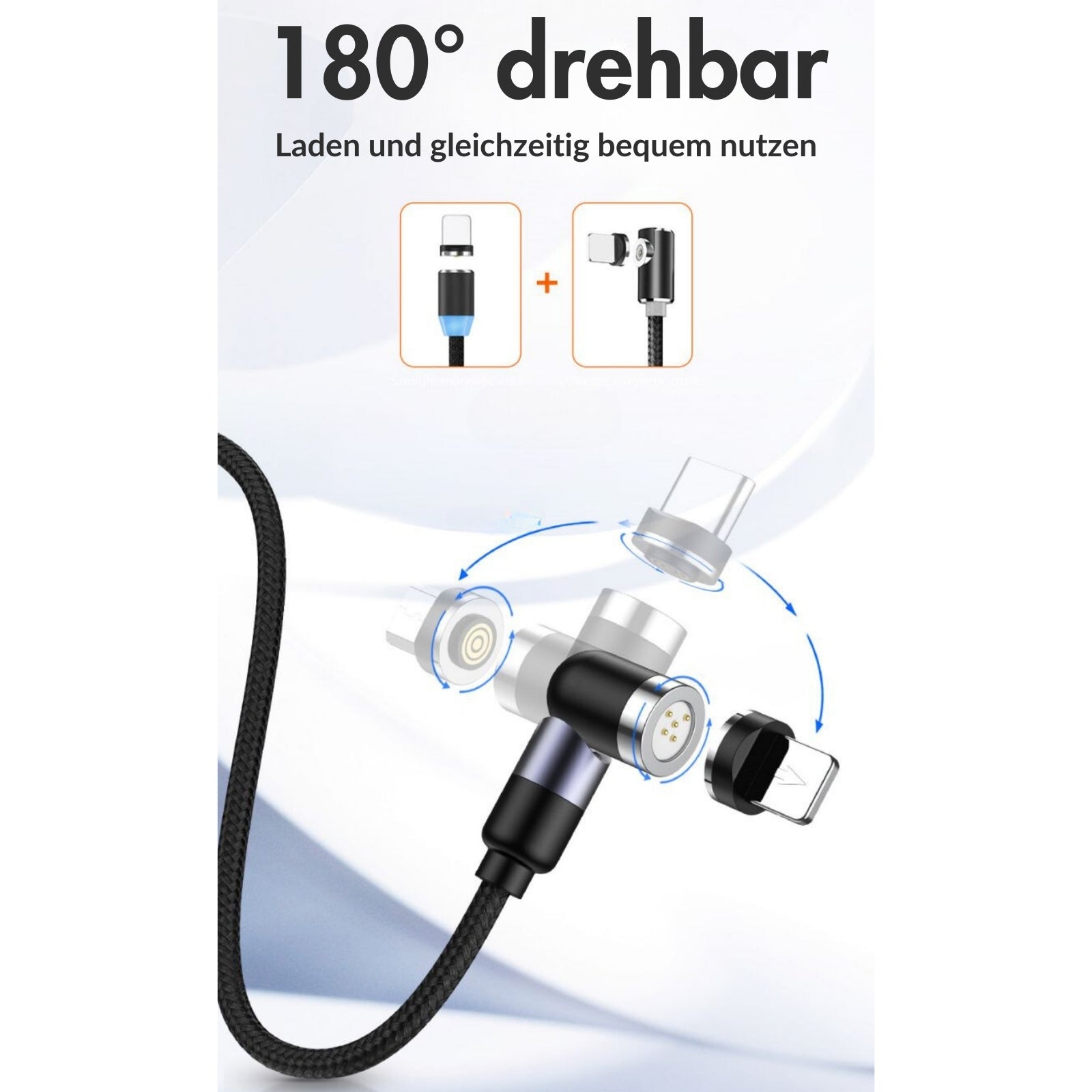 monkeytec 3 in 1 magnetisches ladekabel mit datenubertragung 540 drehbar fur iphone micro usb usb c – Detailaufnahme – Produktbild von Soundmaxx Online