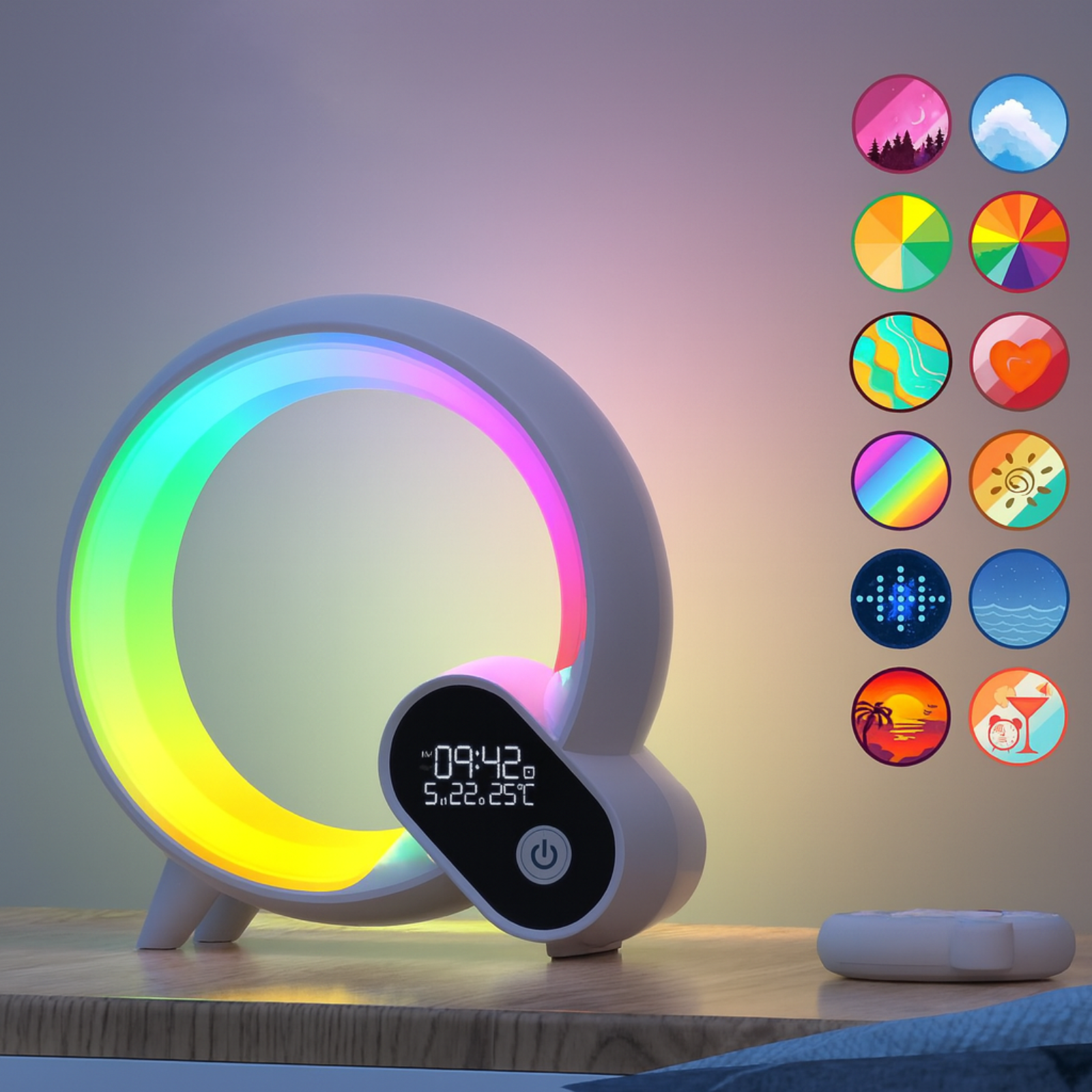 Q Light Smart Wecker mit White Noise & RGB-Licht – Bluetooth-Audio, App-Steuerung & stimmungsvolles Aufwachen – Frontansicht – Produktbild von Soundmaxx Online