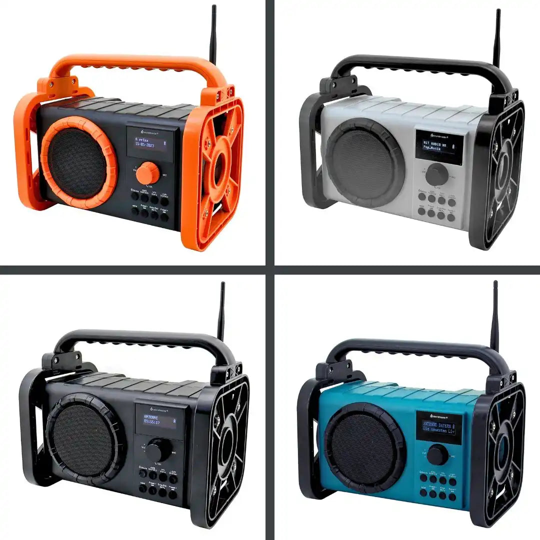 Robuste tragbare Radioempfänger in Orange, Silber, Schwarz und Blau.