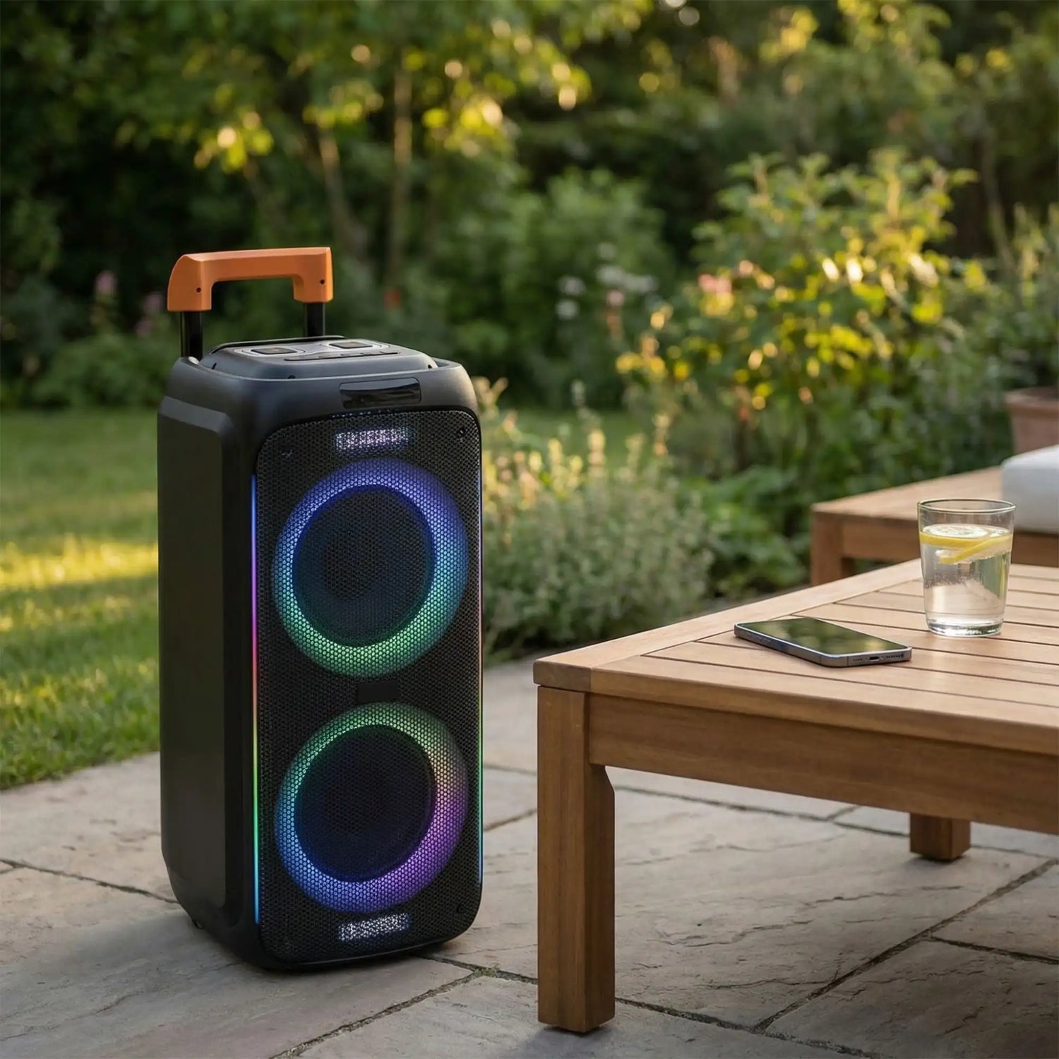 Schwarzer portabler Lautsprecher mit lebendigem RGB-Beleuchtung um die doppelten kreisförmigen Treiber und einem orangenen Griff oben.