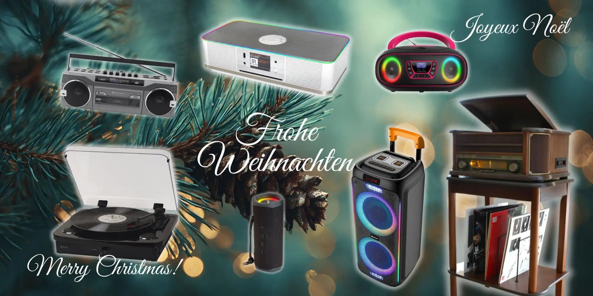 Schwarzer und silberner Vintage-Stil-Boombox mit einer prominenten Antenne, zwei großen runden Lautsprechern und einem zentralen Bedienfeld.