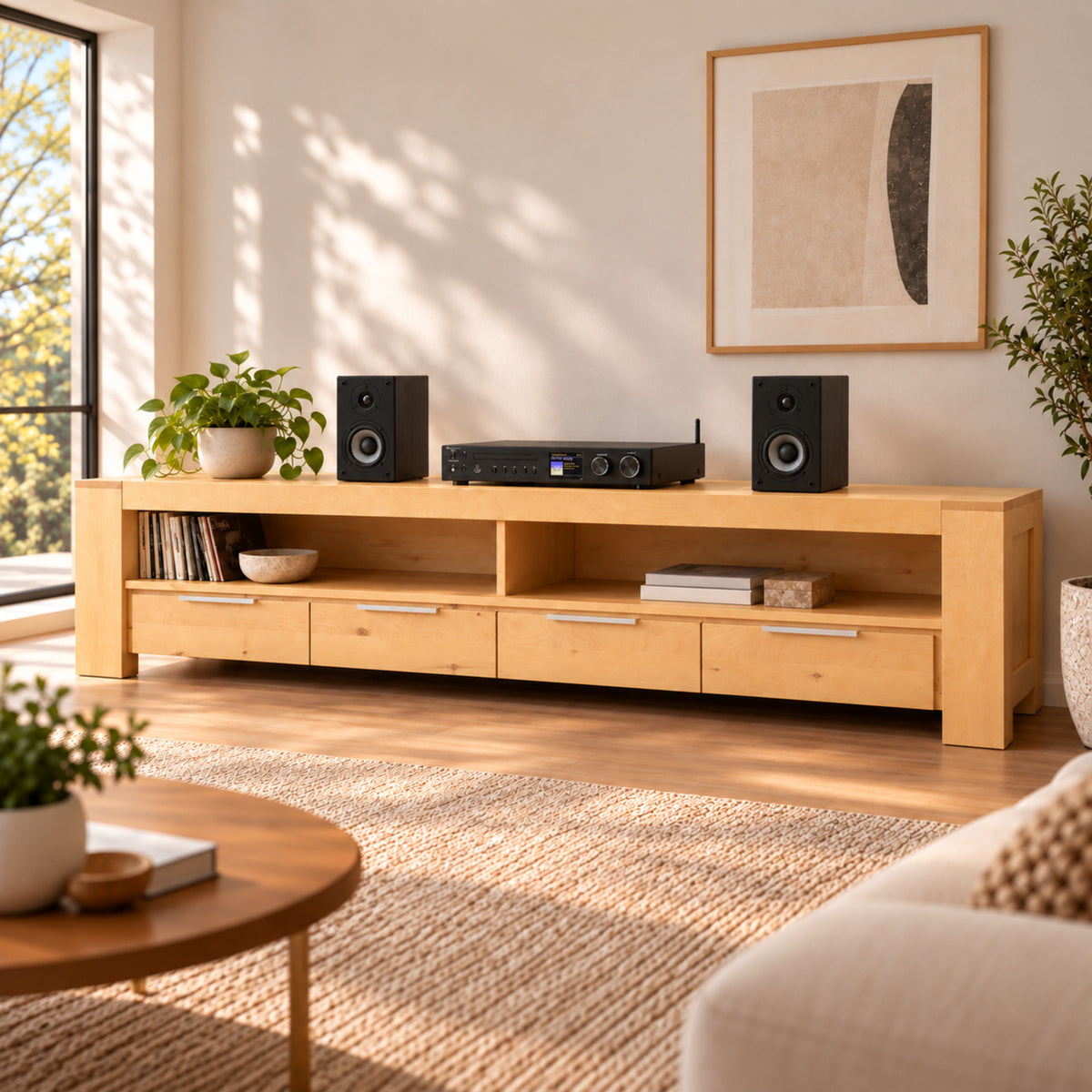 Robosto-Sideboard mit Receiver und zwei Lautsprechern im Wohnzimmer