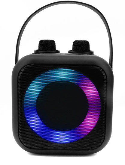 soundmaster bt2024 karaoke systeem draagbare bluetooth luidspreker met 2 microfoons stemvervormer led lichteffecten usb en aux – detailopname – productfoto van Soundmaxx Online