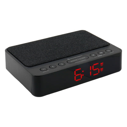 soundmaster ur124sw radiowecker mit kabelloser ladestation wireless charger iphone samsung galaxy led display 4 stufiger dimmer 2 weckzeiten uhrenradio ohne ticken – Detailaufnahme – Produktbild von Soundmaxx Online